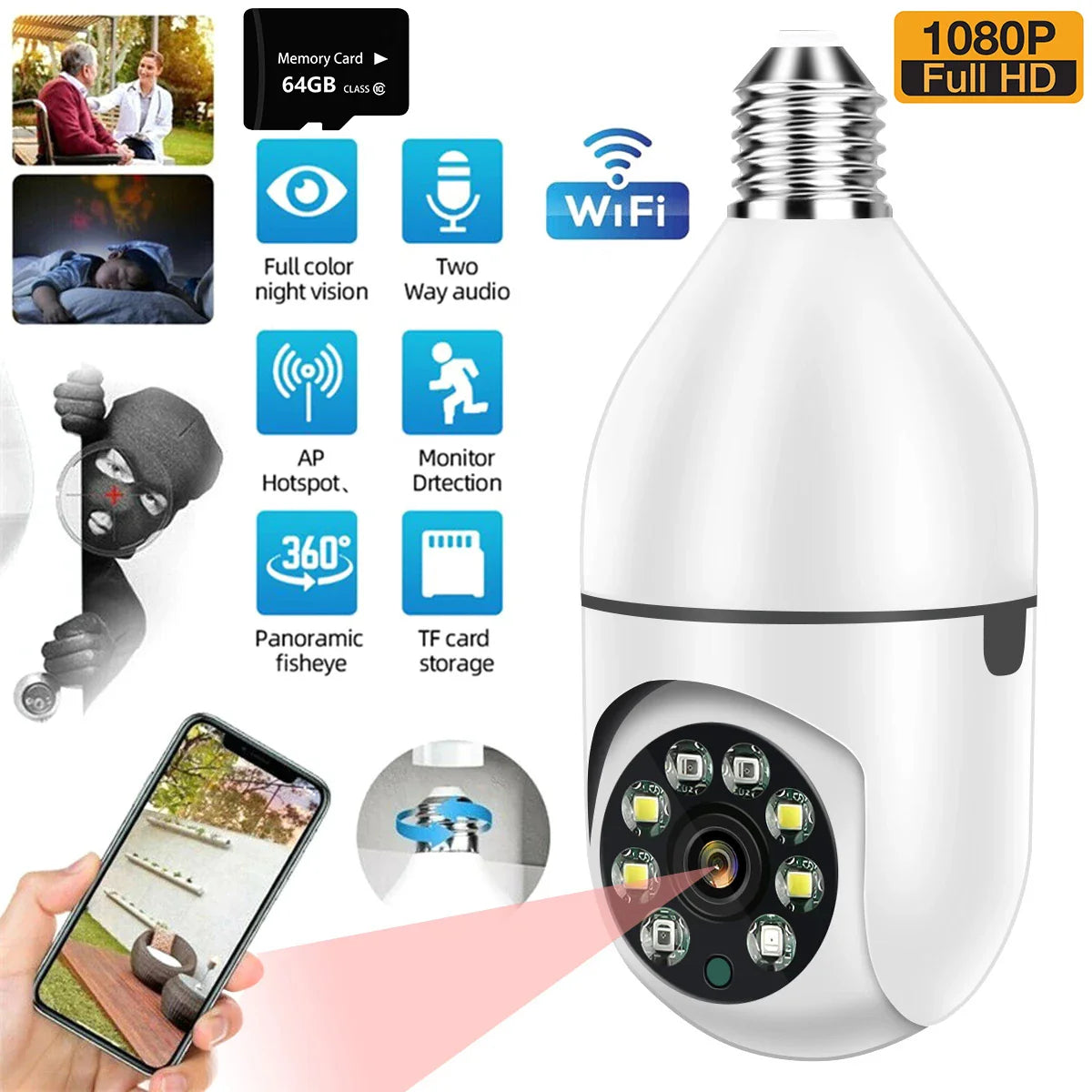 V380 Pro Smart Wireless Camera - WiFi Bulb Shape CCTV Security Camera